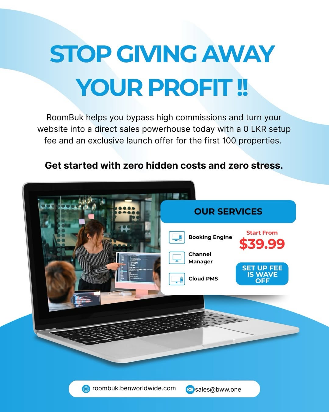 Everything your hotel needs, in one simple system 

RoomBuk helps you bypass high commissions and turn your website into a powerful direct booking channel with zero setup cost. Manage bookings, rates, payments, and operations all from one dashboard even from your phone.

Starting at just LKR 14,999/month, with 100+ features designed to increase profits and give you full control of your hotel.

Take full control of your hotel operations and maximize profits.
📩 sales@bww.one
 📲 WhatsApp +94 773 10 1000

#hotelmanagementsystem #srilankahotels #directbookings #hospitalitytech #tourismsrilanka